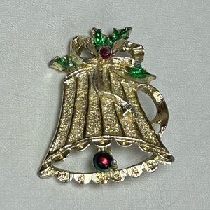 Gerry’s Vintage Bell Christmas brooch 
Festive Gold Brooch Pin Green Red Accents